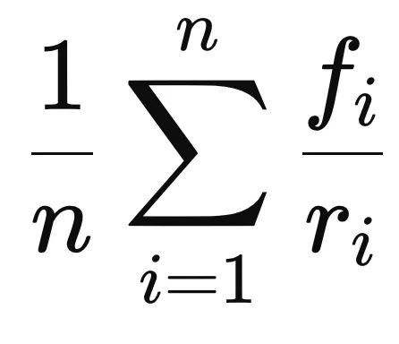 Sum from i = 1 to n of f_i divided by r_i, all divided by n.